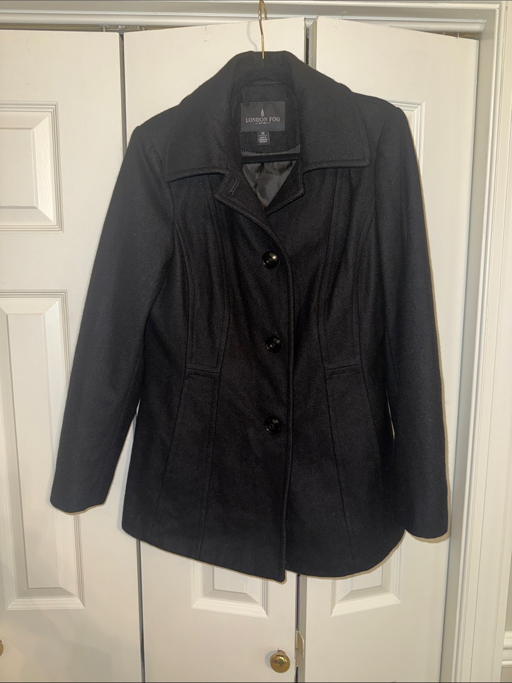 London Fog Black Wool-Blend Dressy Pea Coat with Notched Collar